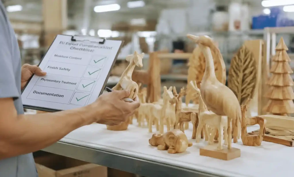 quality control inspector reviewing compliance checklist for wooden craft export to Europe