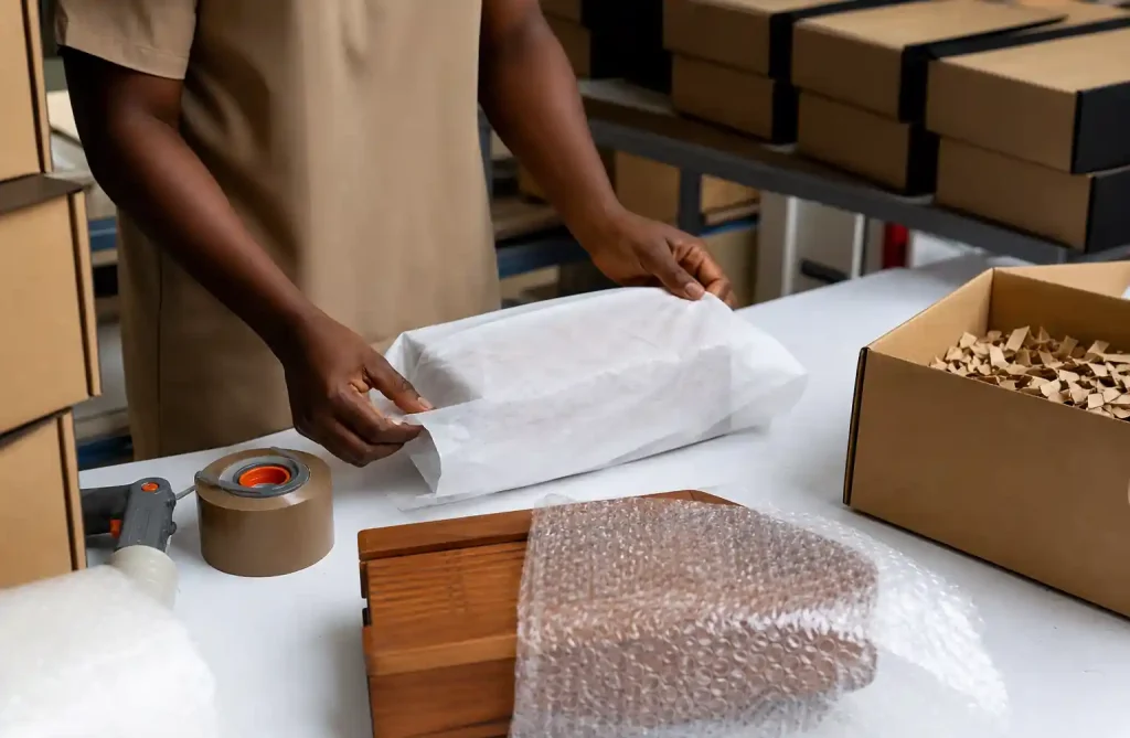Professional packaging of wooden corporate gifts prepared for international shipping